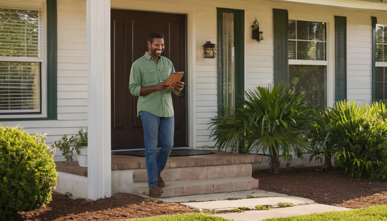 Homeowner showing a pest control provider a photo on a phone near a brick ranch home in San Antonio